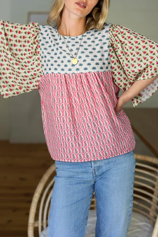 Red Colorblock Floral Flounce Sleeve Blouse