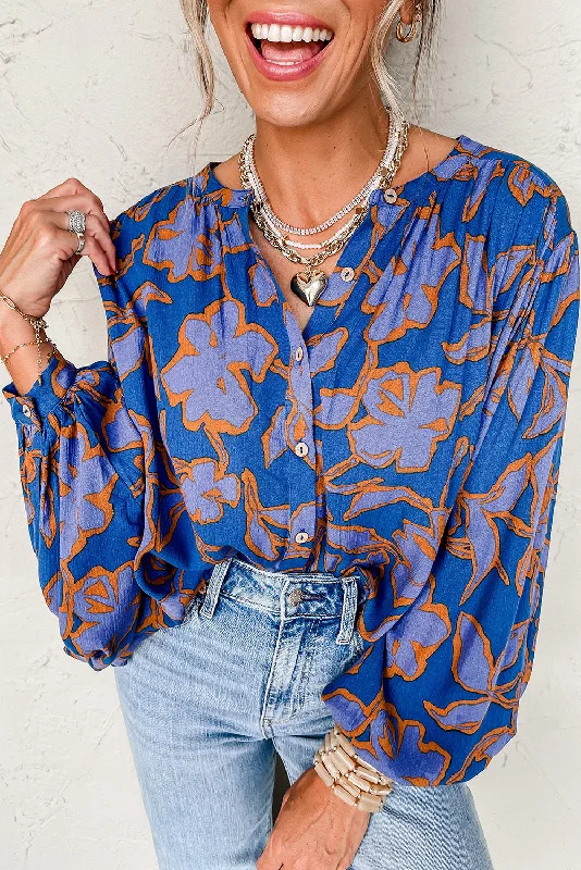 Blue Floral Print Batwing Sleeve Button Loose Fit Blouse