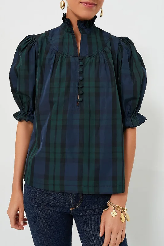 Green Checkered Puff Sleeve Frill Trim Blouse