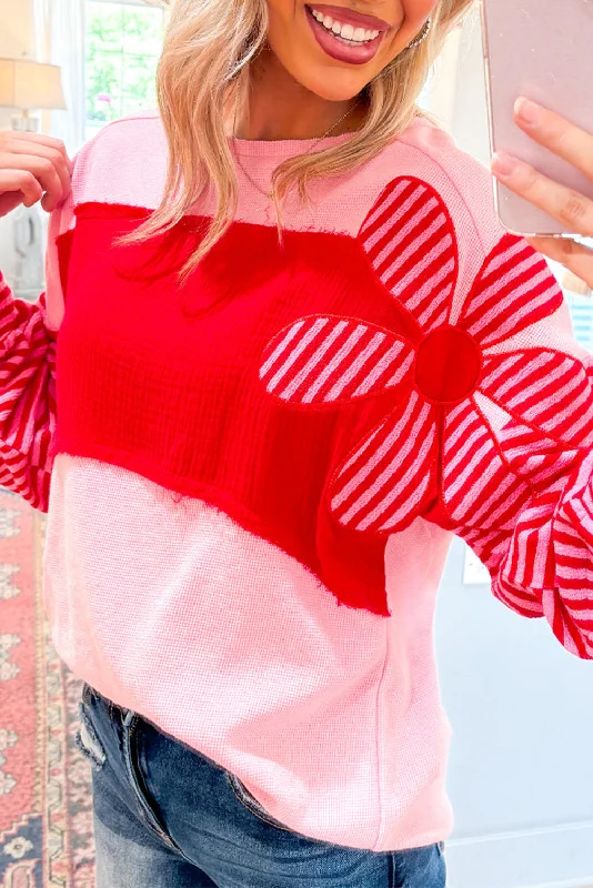 Pink Floral Colorblock Striped Sleeve Crinkle Waffle Patchwork Top