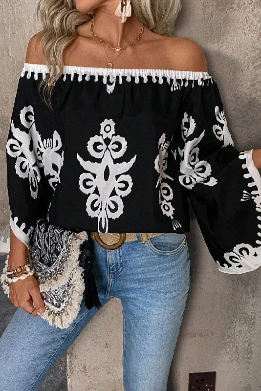 Black Ethnic Print Off Shoulder Flounce Sleeve Blouse