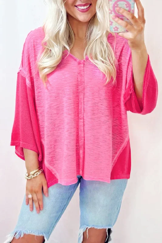 Sachet Pink V-Neck Exposed Seam Patchwork Top