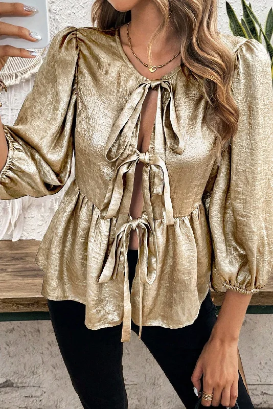 Gold Solid Color Bowknot Front Puff Sleeve Blouse