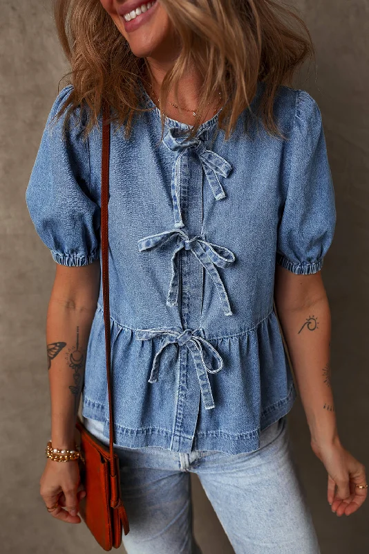 Dusk Blue Bow Tie Front Bubble Sleeve Peplum Denim Shirt