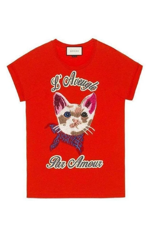 Cat Embroidered Cotton-Jersey T-shirt