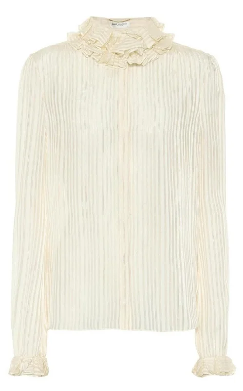 Ivory Ruffle-collar Striped Silk Shirt