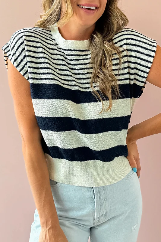 Black White Striped Sleeveless Knit Top