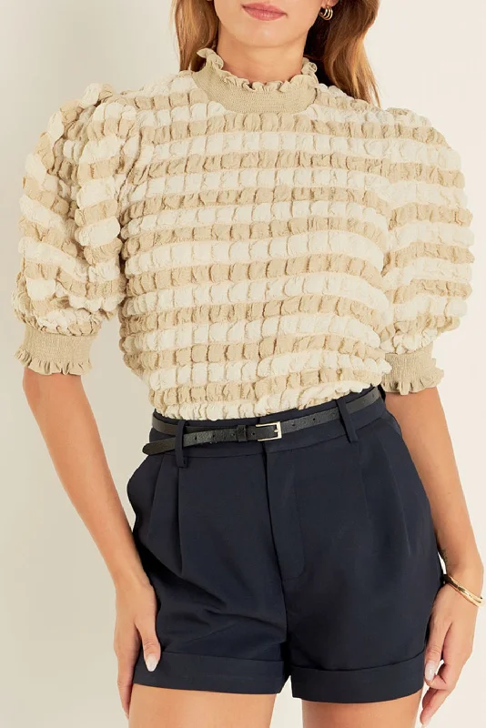 Beige Textured Frill Trim Smocked Puff Sleeve T Shirt