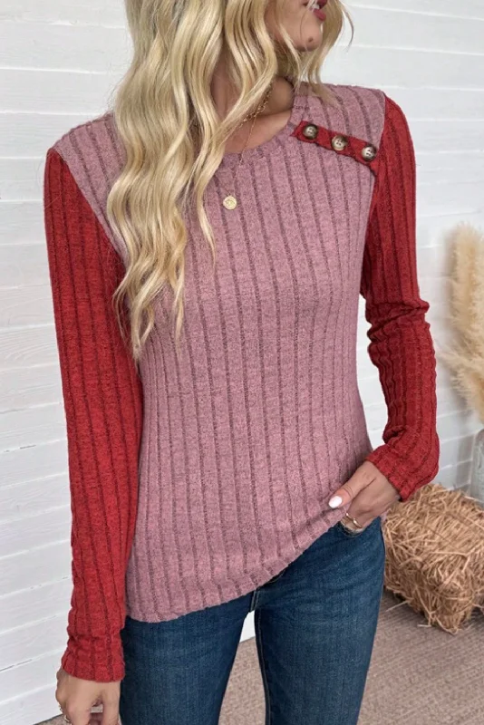 Pink Button Round Neck Casual Long Sleeve Top