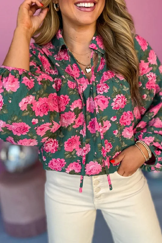 Green Floral Print Collared Puff Sleeve Blouse