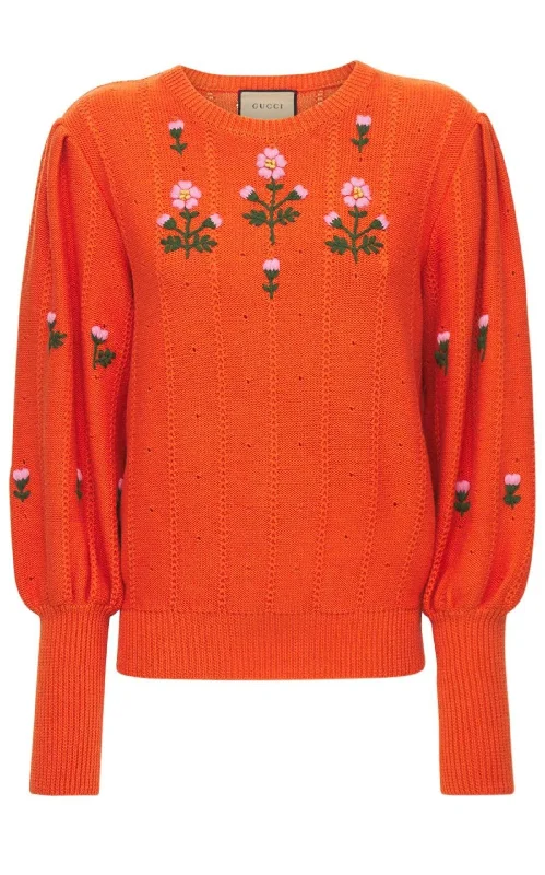 Floral Embroidered Wool Blend Sweater