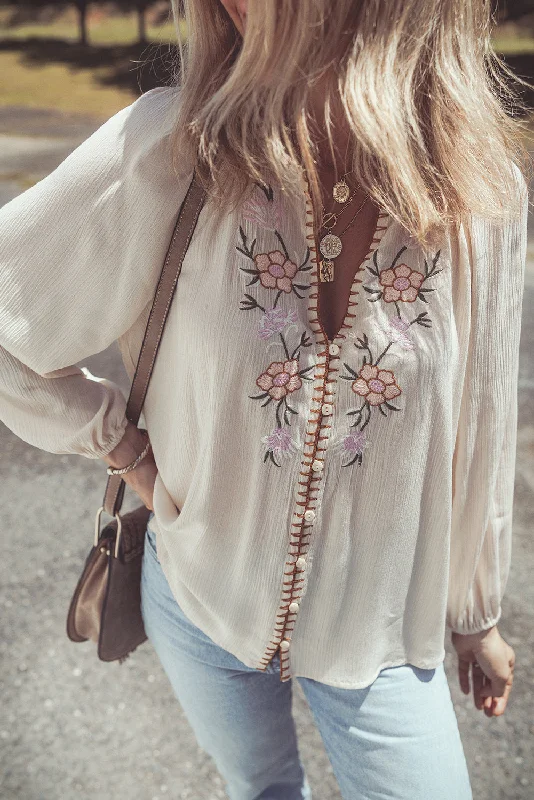 Beige Floral Embroidered Crinkle Puff Sleeve Loose Blouse