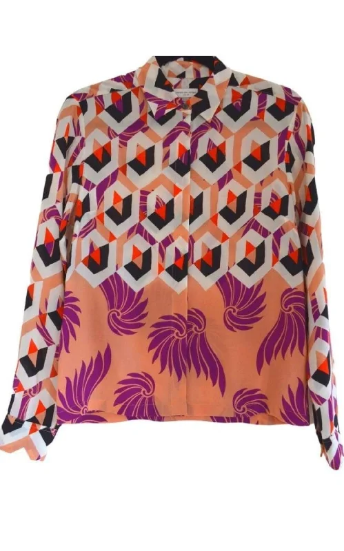 Multicolor Floral Geometric Print Silk Shirt