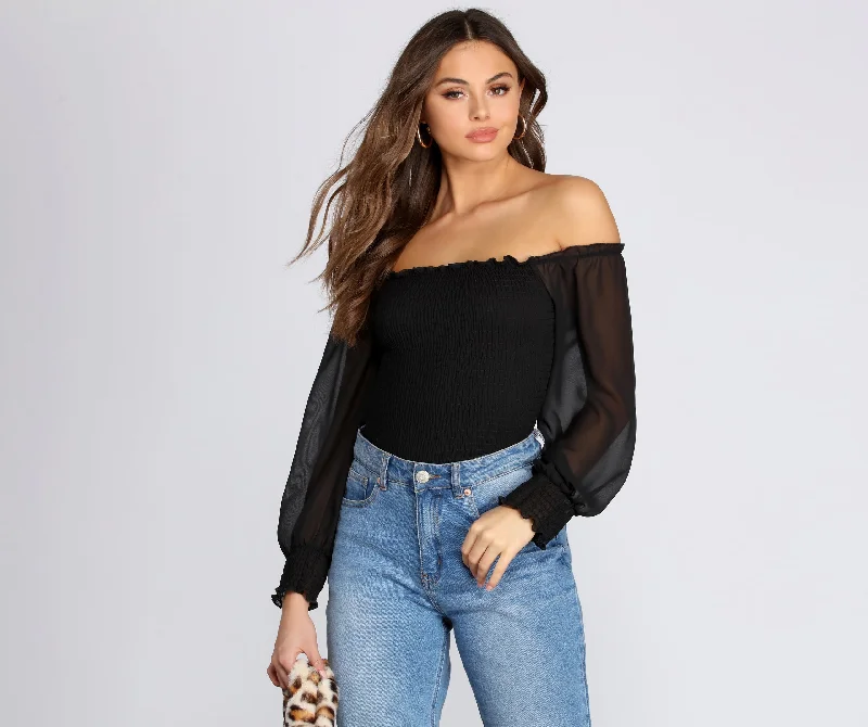 Chiffon Smocked Off The Shoulder Top