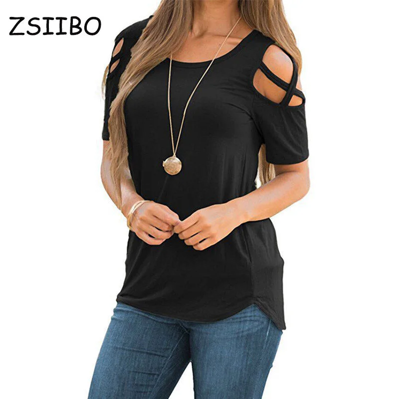 Women T Shirt Short Sleeve Tops Strappy Cold Shoulder Top Tee Women Short Sleeve O-neck Casual Top Tees Plus Size Women Clothing