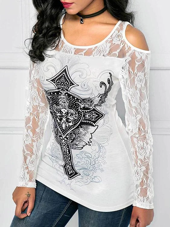 Custom Round Neck Cold Shoulder Printed Lace Long Sleeve White T-Shirts