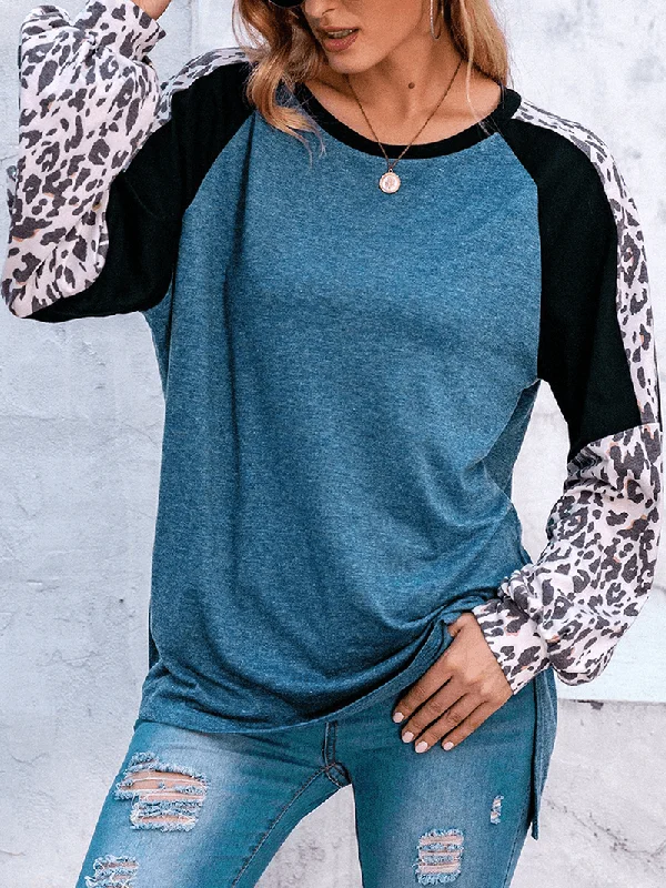 Women Leopard Raglan Sleeve Patchwork O-Neck Casual Loose T-Shirt