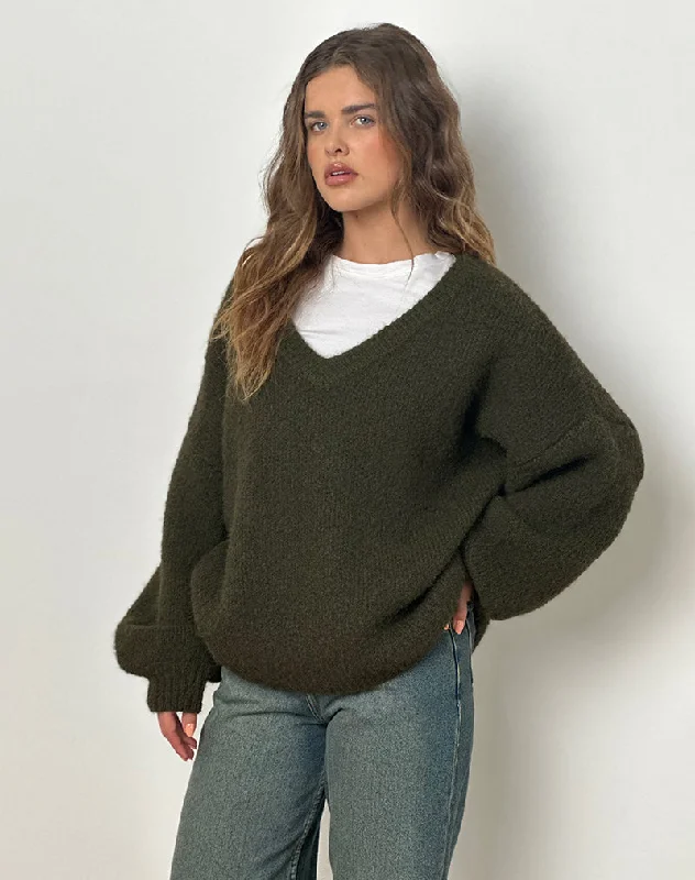 Asato Chunky V Neck Jumper in Brushed Khaki