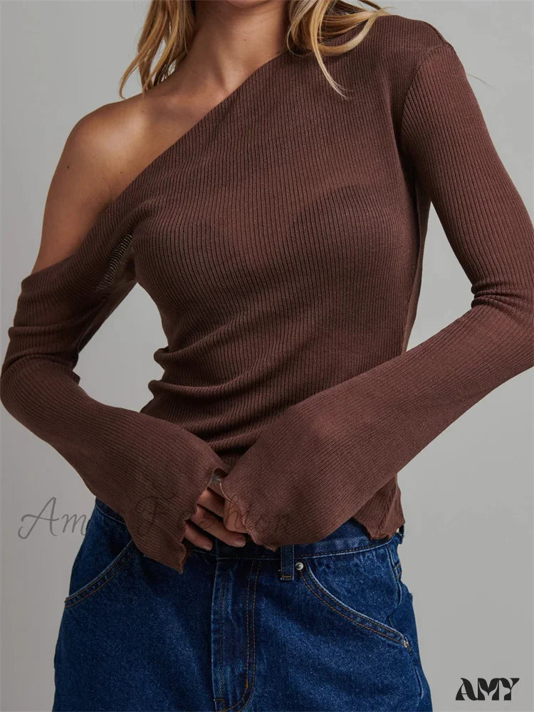 Amy Fashion - Knitted Long Flare Sleeve Solid Slim Fit T-shirts Off Shoulder T-shirts