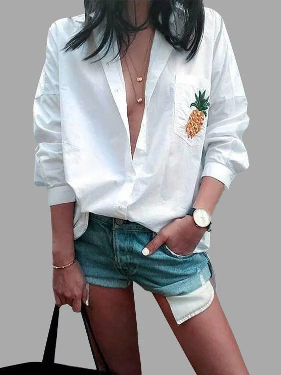 Custom Lapel Collar Floral Print Long Sleeve White T-Shirts