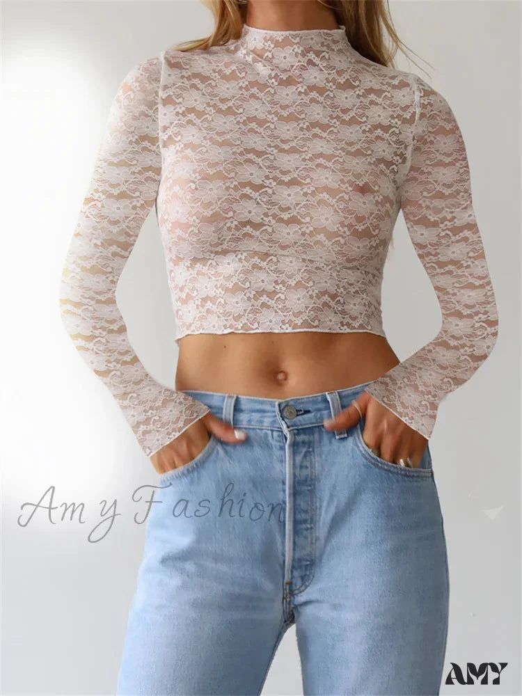 Amy Fashion - Sexy Lace Flower Crop Tops Long Sleeve Mesh See-Through Slim Fit T-shirts