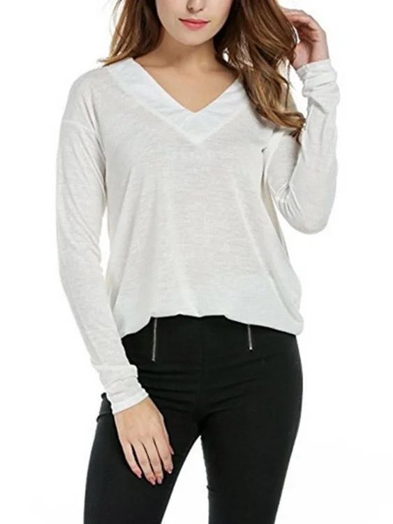 Custom V-Neck Plain Long Sleeve White T-Shirt