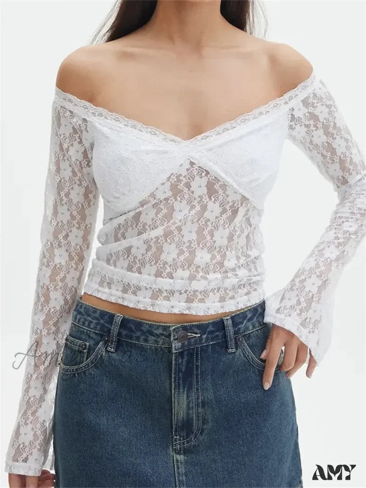 Amy Fashion - Vintage Lace Crop Tops Long Sleeve Off-Shoulder Casual Pullovers T-shirts