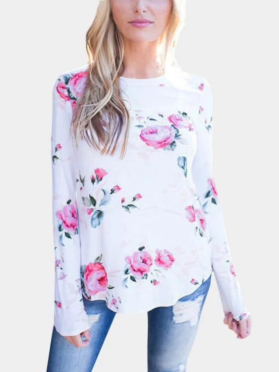 Custom Round Neck Floral Print Long Sleeve White T-Shirts