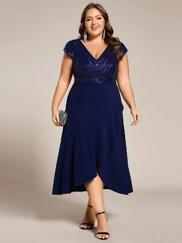 Plus Size Sequin Bodice V-Neck Midi Chiffon Formal Dress