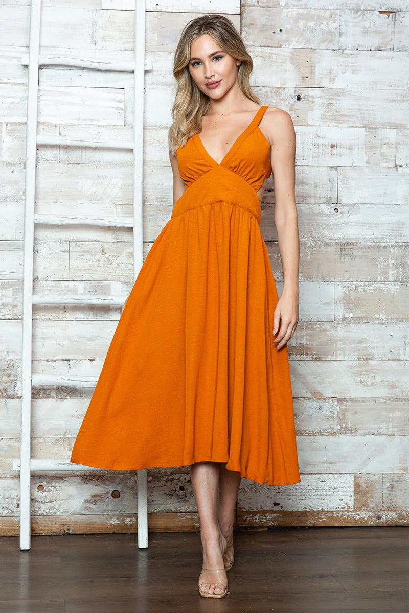 Tie Back V-Neck Sleeveless Flowy Midi Dress