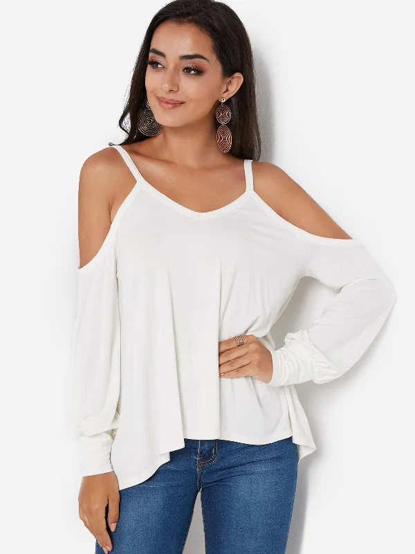 Custom V-Neck Cold Shoulder Long Sleeve Irregular Hem White T-Shirts