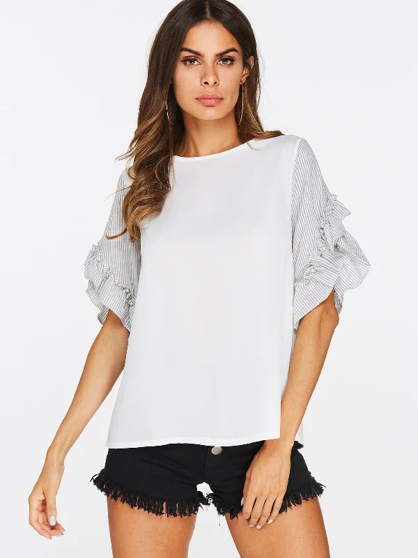 Custom Ruffle Trim Cuffs Round Neck T-shirts