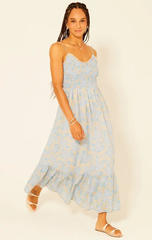 Sky Blue Floral Smock Top Maxi Dress