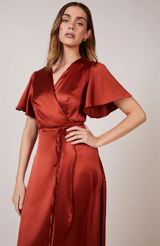 Florence Waterfall Dress in Burnt Orange Satin