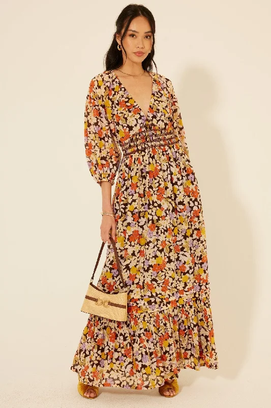 Fall Floral Smock Waist Maxi Dress