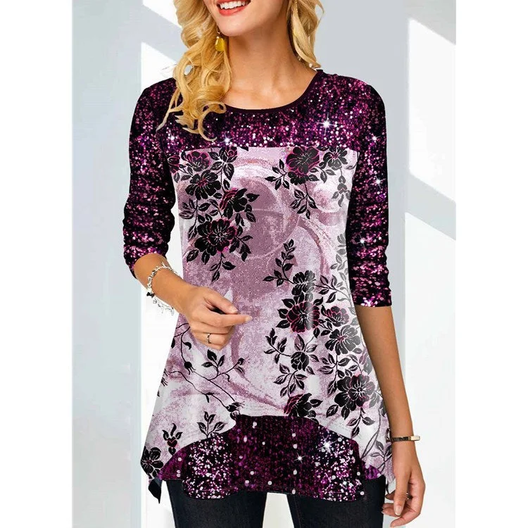 Fashion Printed Tops Loose Crew Neck Wholesale Womens Long Sleeve T Shirts