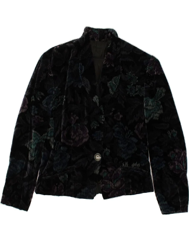 VINTAGE Womens Corduroy 1 Button Blazer Jacket UK 10 Small Black Floral