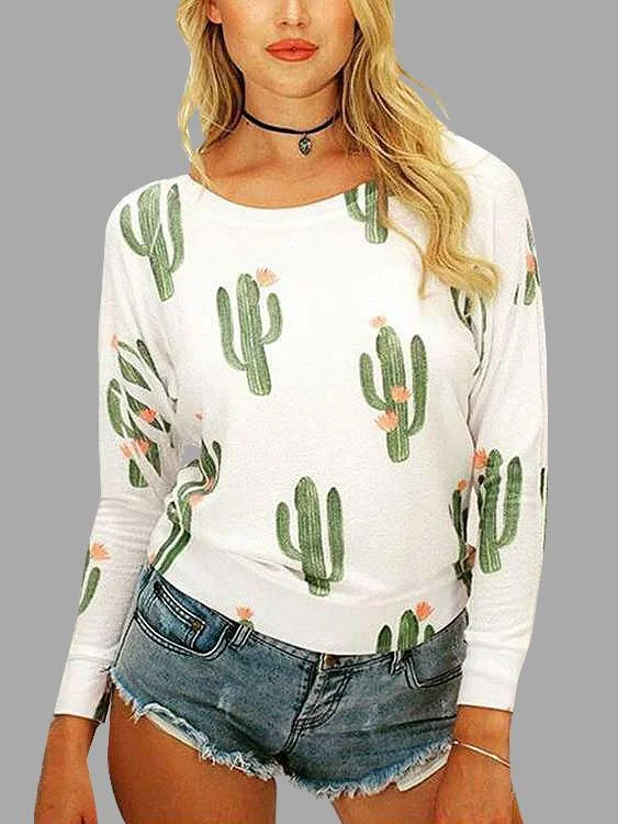 Custom Round Neck Printed Long Sleeve White Tops