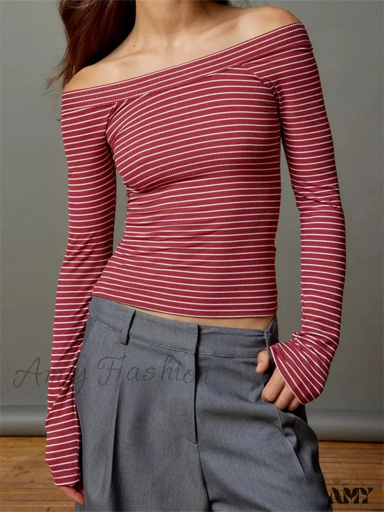 Amy Fashion - Long Sleeve Slim Colorful Striped Print Slash Neck T-Shirts