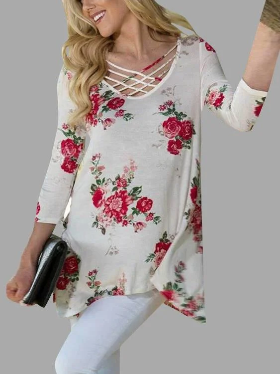 Custom Round Neck Floral Print Crossed Front 3/4 Sleeve Irregular Hem White T-Shirts