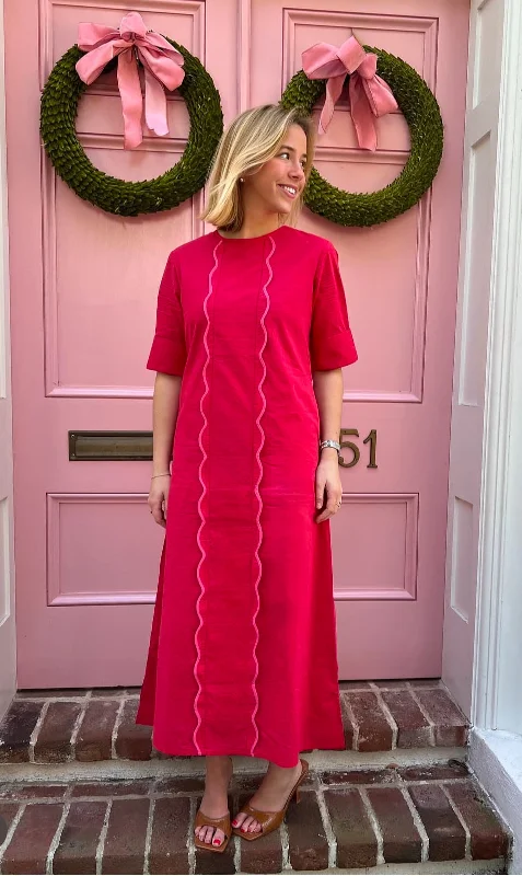 Anne Maxi Dress Red with Pink Scallop