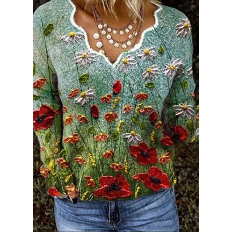 Loose V Neck Print Tops Wholesale Womens Long Sleeve T Shirts