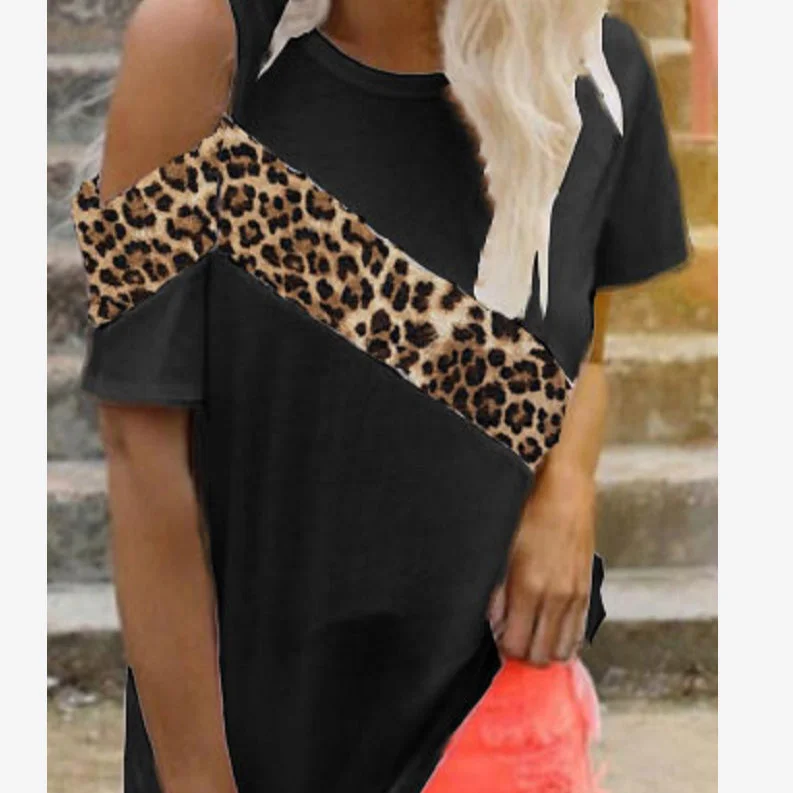 Fashion Colorblock Leopard Print Off Shoulder Casual Womens Tops Wholesale T Shirts