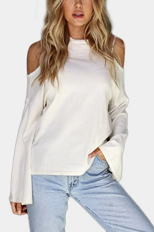 Custom Cold Shoulder Long Sleeve White Top