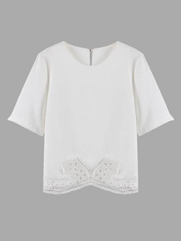 Custom Round Neck Lace Half Sleeve Irregular Hem White T-Shirts