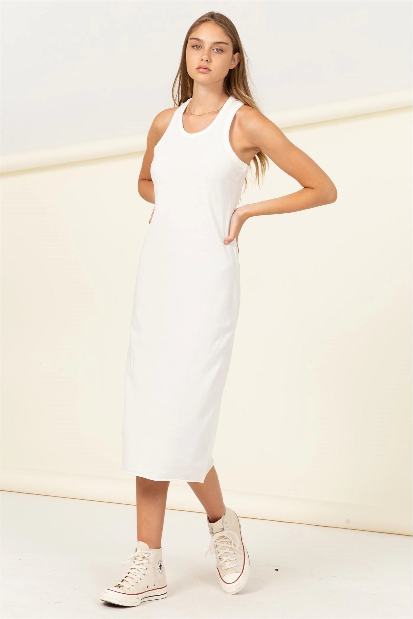 Cotton Tank Round Neck Sleeveless Midi Dress