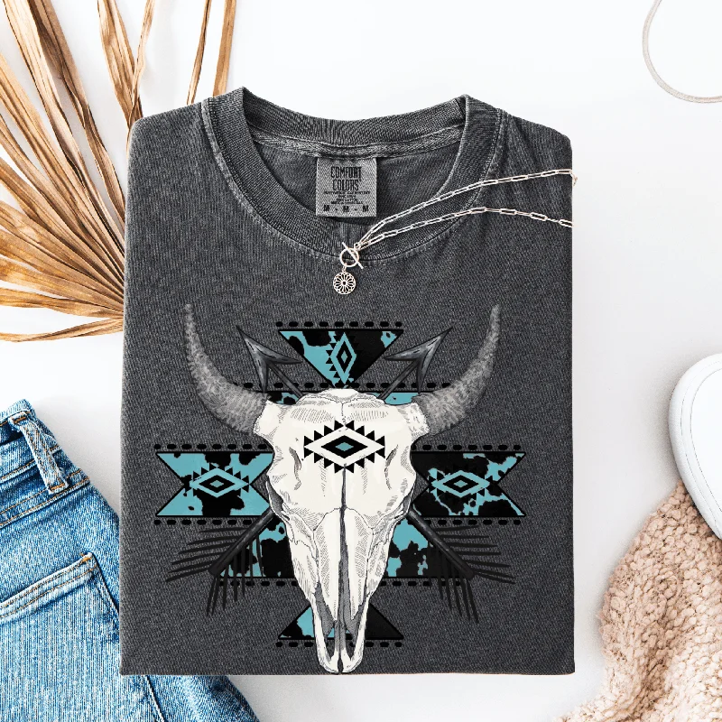 Blue Aztec Bull Skull Graphic Tee