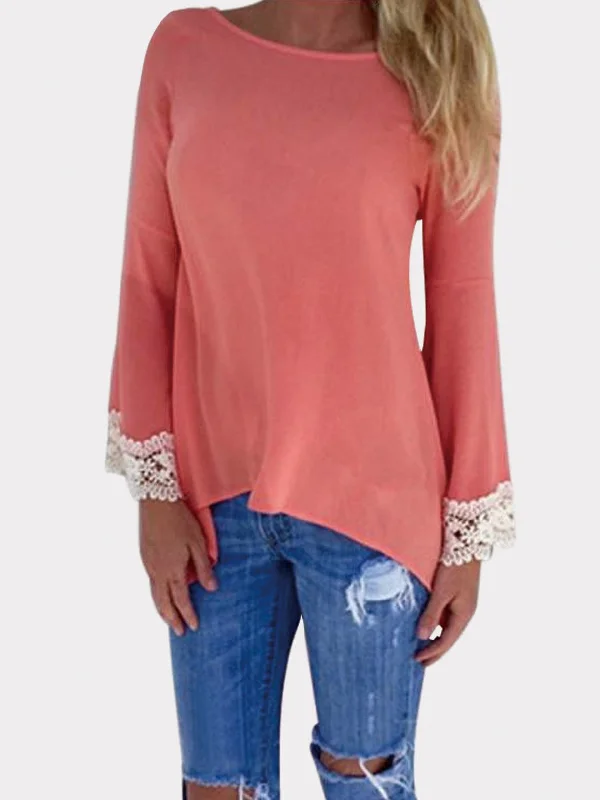 Custom Round Neck Sheer Lace Long Sleeve Irregular Hem Watermelon Red T-Shirts