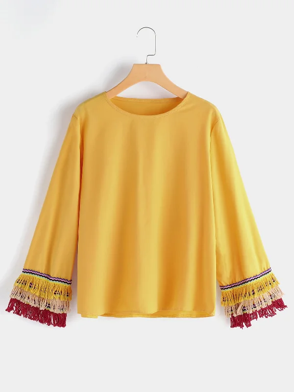 Custom Round Neck Tassel Long Sleeve Yellow Top