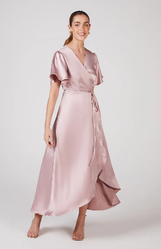 Florence Waterfall Dress in Rose Pink Satin